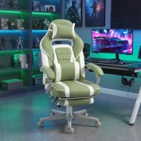 HOMCOM Cadeira Gamer Reclinável com Altura Ajustável Apoio para os Pés Retrátil Suporte Lombar e Almofada de Cabeça Amovível Verde(m-9)
