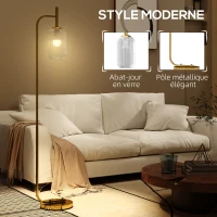 HOMCOM Lampadaire sur pied salon lampe sur pied avec abat-jour en verre texturé interrupteur à pied 29 x 25 x 152 cm métal or(m-4)