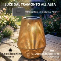 Outsunny Set di 2 Lampade Solari in Rattan,con Accensione/Spegnimento Automatico, IP44, 16x16x21 cm, Marrone(m-5)