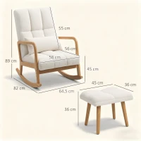 HOMCOM Poltrona de Baloiço com Apoio para os Pés Estofado em Bouclé com Almofada Acolchoada Encosto Ergonómico Apoios de Braços e Pés de Madeira 64,5x82x89 cm Branco(m-3)