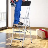 HOMCOM Escabeau pliable 4 marches XL antidérapantes double garde corps hauteur max. 1,55 m charge max. 150 Kg pochette outils intégrée acier blanc noir(m-10)