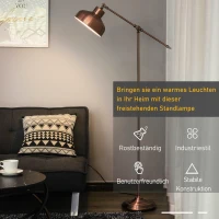 HOMCOM Stehlampe, Industrielle Stehleuchte mit Verstellbarem Schirm, Standleuchte E27 Fassung, Metall, Rotbronze, 68,5 x 25 x 148cm(m-5)