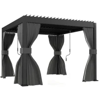 Outsunny 3 x 3 m Louvered Pergola with Adjustable Metal Louvred Roof, Aluminium Patio Gazebo with Netting and Curtains, Dark Grey(m-1)