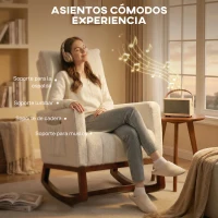 HOMCOM Silla Mecedora con Cojín Lumbar Tapizada en Franela de Nieve Respaldo Alto Base de Madera Bolsillos Laterales Crema(m-5)