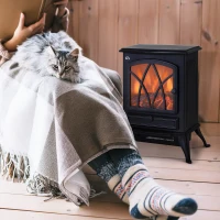 HOMCOM Electric Stove Heater with Realistic Flame Effect, 2000W Portable Indoor Freestanding Electric Fireplace with Adjustable Thermostat, Black(m-2)