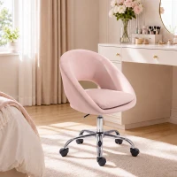 HOMCOM Velvet Desk Chair, Modern Office Chair with Height-Adjustable, Wheels, for Home Study Bedroom, Pink(m-2)