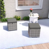 Outsunny 2-delige Set Rotan Krukken Zitkrukken met Rotanlook Opbergruimte Kussens Deksel 120 kg Belastbaar 40x40x41cm Donkergrijs(m-9)