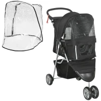 PawHut Pet Travel Stroller with Rain Cover, 3 Wheels Foldable Cat Dog Pushchair with Storage Basket and Cupholder for Small Miniature Dogs(Black)(m-1)
