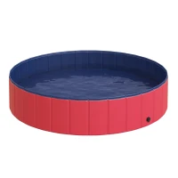 PawHut Hundebadewanne faltbar Hundepool Schwimmbecken Swimmingpool Plantschbecken Badewanne für Hunde & Katzen Wasserbecken aus Kunststoff, Holz Ø140 x H30 cm Rot(m-12)