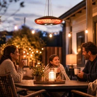 Outsunny Hanging Electric Patio Heater with LED Light, 1000/2000 W IP65 Outdoor Infrared Heater with Touch/Remote Control, Black(m-10)