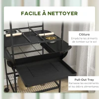 PawHut Aire de jeu sur roulettes pour oiseaux 3 perchoirs en bois 1 échelle 2 mangeoires en inox 155 cm gris foncé(m-6)