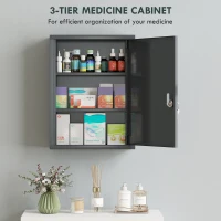 kleankin Locking Medicine Cabinet, First Aid Cabinet with Storage Shelves, with Lock and 2 Keys 53.5 x 40 x 15 cm, Smoke Grey(m-5)
