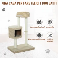 PawHut Albero Tiragraffi per Gatti Multi-livello, 2 Piattaforme, 1 Casetta e Corde in Juta, 61x41x96 cm, Beige(m-4)
