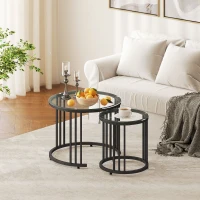 HOMCOM Round Coffee Tables Set of 2, Nesting Tables with Tempered Glass Top and Steel Frame, Black(m-10)
