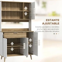 HOMCOM Alacena de Cocina Alta con 4 Puertas Estantes Ajustables Cajón Compartimentos Abiertos 98x39x180 cm Blanco y Natural(m-6)