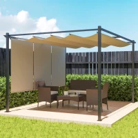 Outsunny Pérgola de Jardín 4x3 m con Techo Retráctil 3 Laterales Enrollables UPF30+ Cenador de Jardín para Patio Exterior Beige(m-2)