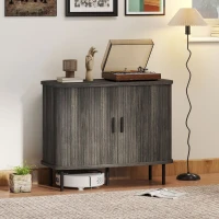 HOMCOM Mid-Century Modern Sideboard Storage Cabinet with Slatted Tambour Sliding Doors, Kitchen Cabinet with Steel Legs, Grey(m-2)