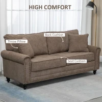 HOMCOM 196cm 3 Seater Sofa, Fabric Sofa with Rubber Wood Legs, Nailhead Trim, 2 Pillows, Small Upholstered Couch Settee for Living Room, Guest Room, Brown(m-4)