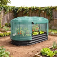Outsunny Galvanised Raised Garden Bed Kit with Self Watering System and Mesh Cover, Garden Boxes, 6x3Ft, Dark Grey and Green(m-2)