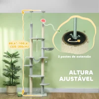 PawHut Arranhador para Gatos do Chão ao Teto 225-255 cm com 7 Níveis Rede Plataformas Postes de Arranhar  Cinza(m-4)