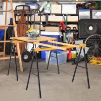DURHAND Lot de 2 tréteaux pliables compactes poignée transport dim. 100L x 50l x 76H cm surface antidérapante métal noir jaune(m-4)
