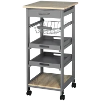HOMCOM Chariot de service desserte de cuisine à roulettes panier + 2 plateaux amovibles, tiroir, étagère en bois chêne clair(m-11)