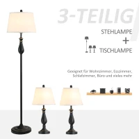 HOMCOM 3er-Set Stehlampen-Set inkl. 2 Tischleuchten, 1 Stehleuchte, Tischlampen-Set mit E27 Fassung, Lampenschirm aus Leinen Standlampe für Wohnzimmer, Schlafzimmer, Weiß+Schwarz(m-4)