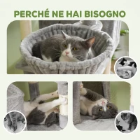 PawHut Albero per Gatti Alto 206 cm con 4 Pali Graffiatoi, Grotte, Cesti, Amache, per 1-3 Gattini 6 kg, Grigio Chiaro(m-7)