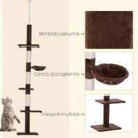 PawHut Albero Tiragraffi Multilivello a Soffitto con Amaca e Altezza Regolabile, 40x34x230-260cm, Marrone(m-6)