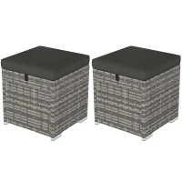 Outsunny 2-delige Set Rotan Krukken Zitkrukken met Rotanlook Opbergruimte Kussens Deksel 120 kg Belastbaar 40x40x41cm Donkergrijs(m-1)
