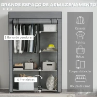 HOMCOM Roupeiro de Tecido Dobrável com 6 Prateleiras e 1 Barra de Pendurar para Dormitório Vestidor 103x43x162,5 cm Cinzento(m-4)