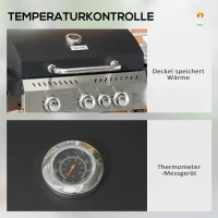 Outsunny Gasgrill, BBQ-grill, 4 hoofbranders, 1 zijbrander, 1 warmhoudplaat; 123 x 52 x 101cm, Zwart(m-5)