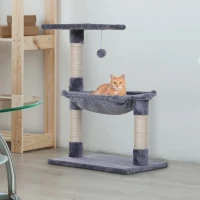 PawHut Kattenboom 3 verdiepingen krabpaal kattenbed met hangmat sisal paal pluche grijs(m-2)