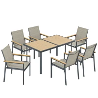 Outsunny Seven-Piece Metal Garden Dining Set, with Glass-Top Table - Khaki(m-1)