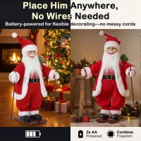 HOMCOM 2ft Singing Skiing Santa Claus, Standing Christmas Animated Santa Figure with Ski Board, Sack, Sound/Touch Activated(m-7)