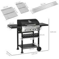 Outsunny Gasgrill, BBQ-grill, 4 hoofbranders, 1 zijbrander, 1 warmhoudplaat; 123 x 52 x 101cm, Zwart(m-3)