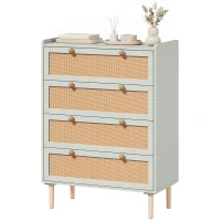 HOMCOM Cômoda 4 Gavetas em Madeira e Rattan PVC, Estilo Boêmio, para Quarto, Entrada, Corredor, 80x40x109,2cm, Verde Sálvia(m-11)