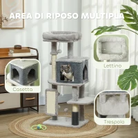 PawHut Albero per Gatti Multilivello Alto 104 cm con Casetta, Lettino, Pali Tiragraffi, Spazzola e Pallina, Grigio(m-4)