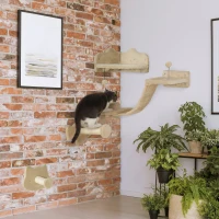 PawHut Conjunto de Prateleiras de Escalada para Gatos de 4 Peças com 2 Postes de Sisal e Plataforma para Saltar Bege(m-10)