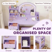 AIYAPLAY Kids Vanity Table and Chair Set, Girls Dressing Table with 2-Colour LED Mirror, Stool, Cabinet, Drawer, Shelves, Purple(m-6)