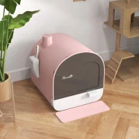 PawHut Kattenbak met Deksel, Strooischaufel, Vuilvangmat, Kunststof, Roze/Zwart(m-9)