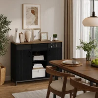 HOMCOM Aparador de 2 Portas com Orifícios 2 Compartimentos e Gaveta Prateleiras Ajustáveis 100x40x80 cm Preto e Castanho Rústico(m-9)