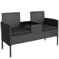 Outsunny Divanetto per Esterni 2 Posti con Tavolino da Caffè, in Acciaio e Rattan PE, 137x59x82 cm, Nero(m-1)