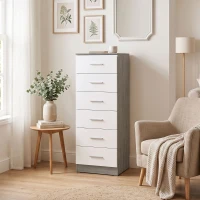 HOMCOM Cómoda de 6 Gavetas Alta para Quarto com Sistema Antitombo 40x40x110 cm Cinza-claro e Branco(m-9)