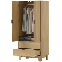 HOMCOM Armoire chambre penderie avec 2 portes à fermeture douce, 2 tiroirs et barre de suspension, 80x50x180cm, bois naturel(m-12)