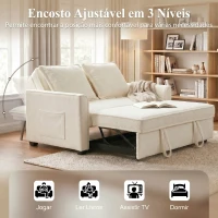 HOMCOM Sofá-Cama 2 Lugares 3 em 1 com Encosto Ajustável Bolsos Laterais 2 Almofadas para Sala Creme(m-5)