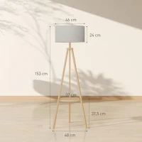 HOMCOM Lámpara de Pie Tipo Trípode con Estructura de Madera Natural y Pantalla de Tela Gris con Estante Integrado 48x48x153 cm(m-3)