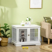 PawHut Gaiola para Cães Pequenos de Madeira 76x54,5x56cm Gaiola com Superfície de Mesa com 2 Portas e Grade de Aço Branco(m-2)