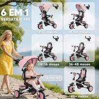 AIYAPLAY Triciclo Evolutivo 6 em 1 Dobrável Assento Giratório 360° Barra Parental Encosto Reclinável Toldo Rosa(m-4)