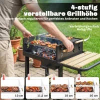Outsunny Houtskoolbarbecue met 4 verstelbare grillhoogtes, 2 houten planken, 2 wielen, aslade, 99,5 x 58 x 82 cm(m-5)